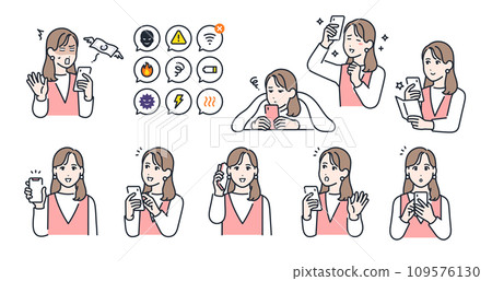 一名持有智慧型手機的年輕女子的臉部表情變化集 一名持有智慧型手機的年輕女子的臉部表情變化集 109576130