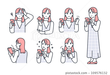 智慧型手機和年輕女性的簡單向量插圖集素材 109576132