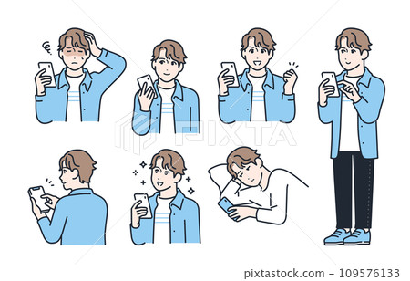 Facial expression variation set of a young man holding a smartphone 109576133