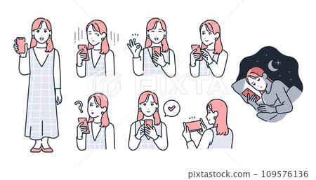 Facial expression variation set of a young woman holding a smartphone Facial expression variation set of a young woman holding a smartphone 109576136