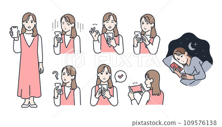 Simple vector illustration set material of smartphone and young woman 109576138
