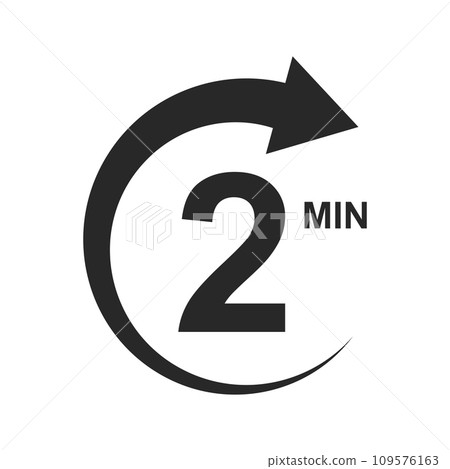 2 min countdown sign. Two minutes icon with circle arrow. Stopwatch symbol. Sport or cooking timer isolated on white background. Delivery, deadline, duration pictogram 109576163