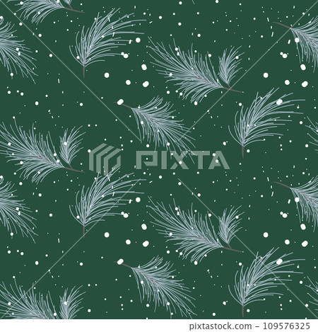 Winter seamless pattern for gift wrap paper with pine tree and snow background. Green and white Christmas wrapping or cloth table design. 109576325