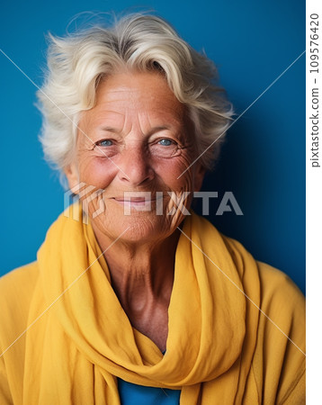 AI-generated content. A radiant elderly woman beams with joy as her yellow clothing create a stunning portrait - happy retirement concept 109576420