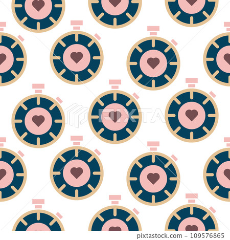 Cute stop watch seamless vector pattern. Sport timer girlish retro background for wallpaper and fabric design. 109576865