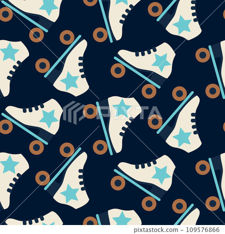 Seamless pattern with cute retro roller skates. Vintage texture for kids textile, wrapping paper. Cartoon style dark blue and neutral background. 109576866