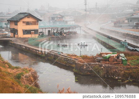 [Azumino] Morning view with morning mist [Rainbow trout farm] 109576888