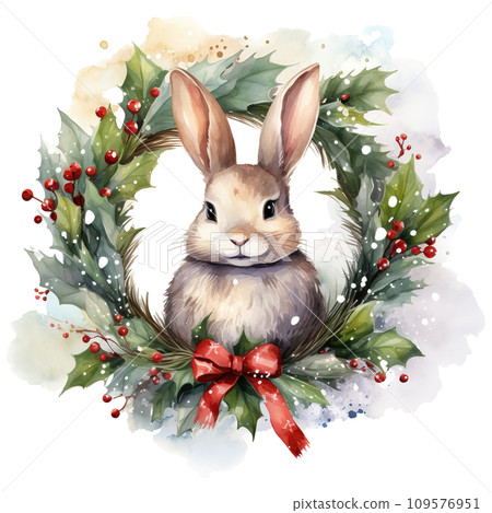 watercolor christmas bunny with wreath. AI generated image watercolor christmas bunny with wreath. AI generated image 109576951