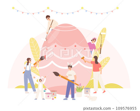 People painting easter egg together. Draw spring holidays symbol, family or friends prepare to easter celebrating. Snugly festive vector scene People painting easter egg together. Draw spring holidays symbol, family or friends prepare to easter celebrating. Snugly festive vector scene 109576955