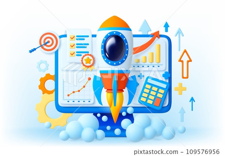 Startup 3d concept. Business starting with spaceship flying up on computer screen and abstract finance charts. Abstract pithy vector scene Startup 3d concept. Business starting with spaceship flying up on computer screen and abstract finance charts. Abstract pithy vector scene 109576956