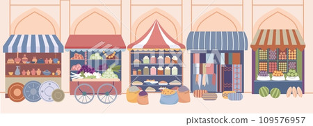 Arabian market counters with various goods. Food, carpets and ceramic souvenirs on stall. Traditional oriental street marketplace kicky vector scene 109576957