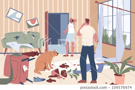 Puppy destroying home. Young dog in naughty room and surprised owners. Pet damaged furniture and accessories, behavior problems kicky vector scene 109576974