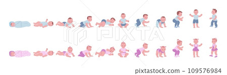 Boy and girl growth. At newborn to toddler development. Cute children first year life, tiny cartoon funny baby learn standing, kicky vector concept Boy and girl growth. At newborn to toddler development. Cute children first year life, tiny cartoon funny baby learn standing, kicky vector concept 109576984