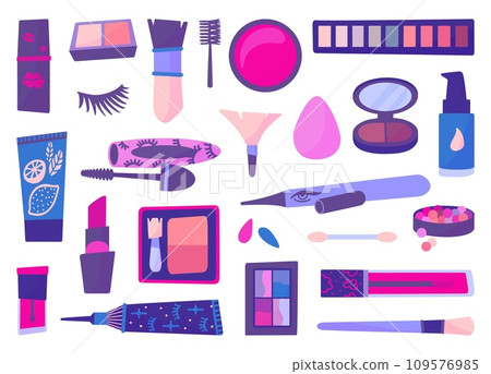 Makeup tools and cosmetics. Mascara and shadows, cream tube and lipstick. Sponge and brushes, isolated care and beauty neoteric vector clipart Makeup tools and cosmetics. Mascara and shadows, cream tube and lipstick. Sponge and brushes, isolated care and beauty neoteric vector clipart 109576985