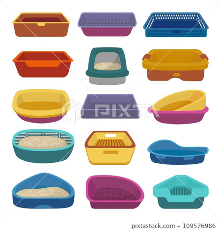 Cat tray set. Pets sandboxes, isolated cartoon toilets for kittens. Litter box icons, pet shop goods for hygiene and clean. Animals items neoteric vector clipart Cat tray set. Pets sandboxes, isolated cartoon toilets for kittens. Litter box icons, pet shop goods for hygiene and clean. Animals items neoteric vector clipart 109576986