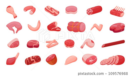 Meat and sausage cartoon fresh farm goods. Butchery shop or steakhouse menu food, meats market. Isolated bbq raw ingredients neoteric vector set Meat and sausage cartoon fresh farm goods. Butchery shop or steakhouse menu food, meats market. Isolated bbq raw ingredients neoteric vector set 109576988