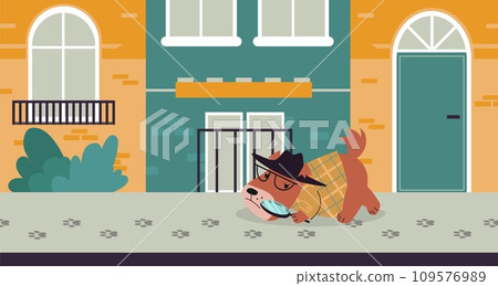 Animal detective in city. Cartoon dog looking evident and smell criminal character at footprints. Police puppy investigation, nowaday vector scene Animal detective in city. Cartoon dog looking evident and smell criminal character at footprints. Police puppy investigation, nowaday vector scene 109576989