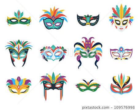 Flat carnival masks. Decorative venetian mask with feathers, isolated festival or party facial accessories. Masquerade clothes element decent vector set 109576998