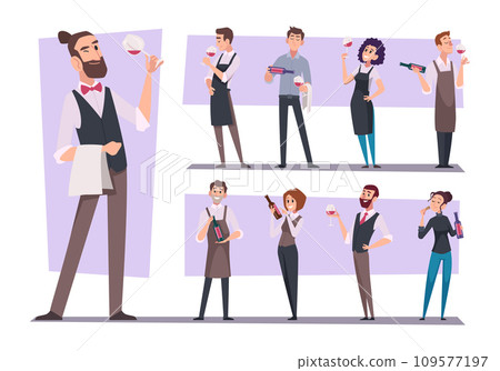 Sommelier. Restaurant characters wine experts exact vector cartoon pictures set Sommelier. Restaurant characters wine experts exact vector cartoon pictures set 109577197