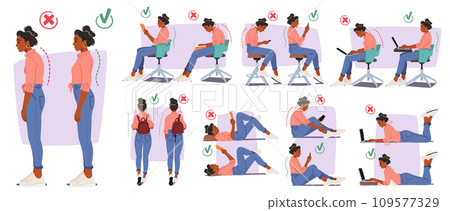 Woman with Wrong Body Postures Include Slouching And Hunching Leading To Discomfort. Proper Postures With Straight Spine Woman with Wrong Body Postures Include Slouching And Hunching Leading To Discomfort. Proper Postures With Straight Spine 109577329
