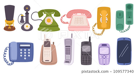 Telephone Collection Showcases An Array Of Vintage Rotary, Push-button and Modern Digital Models, Vector Illustration Telephone Collection Showcases An Array Of Vintage Rotary, Push-button and Modern Digital Models, Vector Illustration 109577340