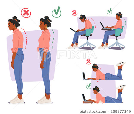 Infographics with Black Woman Showing Proper and Improper Body Postures for Standing, and Working on Laptop Infographics with Black Woman Showing Proper and Improper Body Postures for Standing, and Working on Laptop 109577349