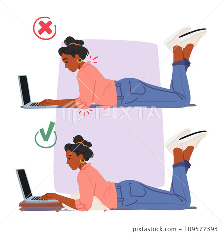 Bad and Good Body Poses while Working with Laptop. In The Wrong Posture, Woman Slouches, Straining The Back 109577393