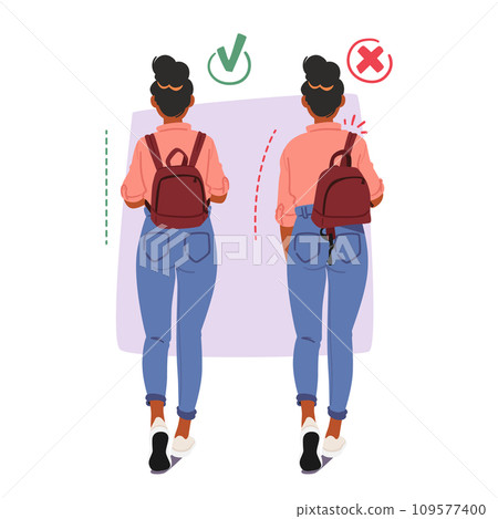 Girl Burdened By A Backpack, Displays Improper And Proper Postures. In One, she Carries Bag on One Shoulder Girl Burdened By A Backpack, Displays Improper And Proper Postures. In One, she Carries Bag on One Shoulder 109577400