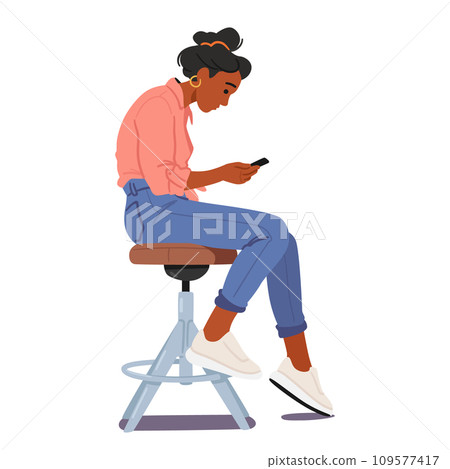 Female Character Perform Improper Pose With Cellphone. Woman Slouches On A Chair, Engrossed In Her Smartphone 109577417