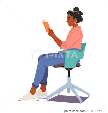 Proper Reading Pose On The Chair. Black Female Character Seated Comfortably, Spine Straight, Hands Gently Cradling Book 109577418