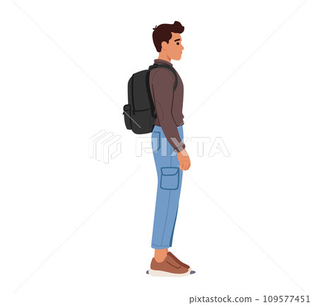 Male Character Stands Tall With Shoulders Back, Head Aligned With Spine. Backpack Snugly Positioned, Straps Adjusted 109577451
