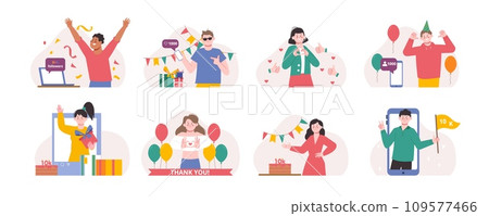 Bloggers greetings new subscribers. Celebrating 10k followers, young vloggers with flags, cakes and confetti. Positive splendid vector characters 109577466
