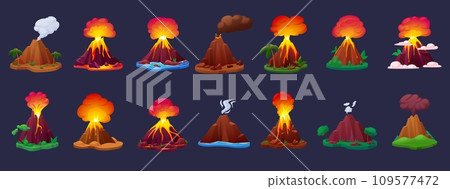 Cartoon volcano eruption processes. Volcanoes erupting with magma, fire, ashes and smoke. Hot lava erupted from mountains, game nowaday vector elements Cartoon volcano eruption processes. Volcanoes erupting with magma, fire, ashes and smoke. Hot lava erupted from mountains, game nowaday vector elements 109577472