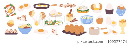 Eggs food. Mediterranean and asian meals with egg. Various cooking proteins, boiled and fried, in salad, sandwich and with bread. Fresh eat racy vector set Eggs food. Mediterranean and asian meals with egg. Various cooking proteins, boiled and fried, in salad, sandwich and with bread. Fresh eat racy vector set 109577474