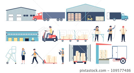 Flat warehouse set. Transportation logistic industry elements, flat style delivery service and warehouses workers. Industrial furniture recent vector set 109577486