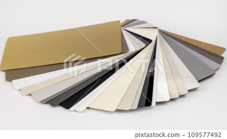 Collection of samples of glossy panels for furniture production. The concept of glossy panels production. 109577492