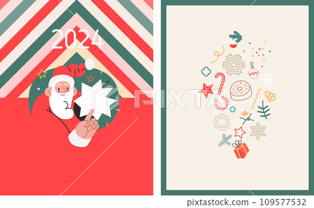 Christmas postcards with Santa Claus - modern flat vector concept illustrations of the Christmas and New Year symbols, vertical postcards set Christmas postcards with Santa Claus - modern flat vector concept illustrations of the Christmas and New Year symbols, vertical postcards set 109577532