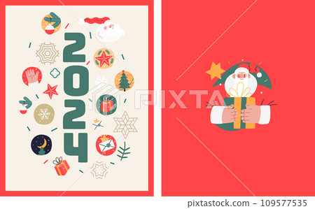 Christmas postcards with Santa Claus - modern flat vector concept illustrations of the Christmas and New Year symbols, vertical postcards set 109577535