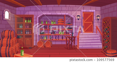 Wine cellar interior. Alcohol shelving with wine champagne barrel in castle basement, ancient house tasting room of vintage bar shelf, cozy restaurant ingenious vector illustration 109577569