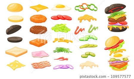 Cartoon burger ingredients. American hamburger sandwich ingredient with bun parts constructor, bacon meat onion omelette slice food cheese bread toppings, neat vector illustration 109577577