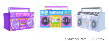 Boombox. Colorful stereo recorder for listening radio music on tape cassette, retro portable player hip hop culture eighties in ghetto, boom box party 90s neat vector illustration Boombox. Colorful stereo recorder for listening radio music on tape cassette, retro portable player hip hop culture eighties in ghetto, boom box party 90s neat vector illustration 109577578