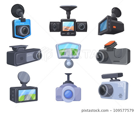 Dvr. Dash cameras video recorder system for driving security, camera mounting on car window dashcam device digital technology road surveillance set cartoon neat vector illustration Dvr. Dash cameras video recorder system for driving security, camera mounting on car window dashcam device digital technology road surveillance set cartoon neat vector illustration 109577579