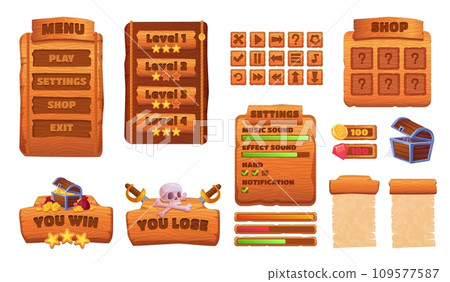 Game wood interface. Cartoon wooden ui board frame for 2d gaming, woodens texture panel menu setting slider check bar tablet gui design mobile app games element vector illustration Game wood interface. Cartoon wooden ui board frame for 2d gaming, woodens texture panel menu setting slider check bar tablet gui design mobile app games element vector illustration 109577587