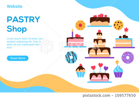 Pastry shop landing page template with copy space and button. Colorful baked tasty treat website design. Dessert flat elements cake muffin for cafe confectionery internet web page vector illustration. Pastry shop landing page template with copy space and button. Colorful baked tasty treat website design. Dessert flat elements cake muffin for cafe confectionery internet web page vector illustration. 109577650