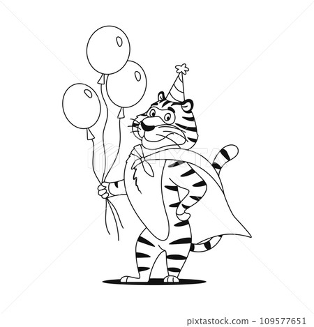 Coloring page. Funny cartoon tiger superhero on white background. Cute animal character in party hat for kids preschool activity. Black and white outline sketch. Coloring book vector illustration. Coloring page. Funny cartoon tiger superhero on white background. Cute animal character in party hat for kids preschool activity. Black and white outline sketch. Coloring book vector illustration. 109577651