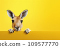 AI-generated content. Funny lively kangaroo isolated on yellow background. Banner with kangaroo and copy space. 109577770