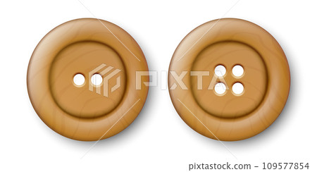Vector 3d Realistic Wooden Button for Clothes Icon with Shadow Set Closeup Isolated. Fashion, Art, Needlework, Sewing, Scrapbooking Decor. Round Clothes Button Design Template, Top View 109577854