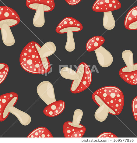 Vector Seamless Pattern with Hand Drawn Cartoon Mushrooms on a Black Background. Amanita Muscaria, Fly Agaric Illustration. Print with Mushrooms. Magic Mushroom Symbol, Design Template 109577856