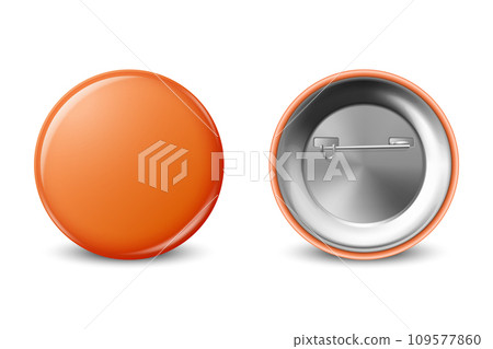 Vector 3d Realistic Blank Orange Round Button Badge Set Closeup Isolated on a White Background. Button Badge, Plastic or Metal ID Badge Design Template, Mockup. Front View Vector 3d Realistic Blank Orange Round Button Badge Set Closeup Isolated on a White Background. Button Badge, Plastic or Metal ID Badge Design Template, Mockup. Front View 109577860