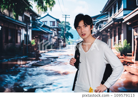 A man evacuates from a city flooded by heavy rain A man evacuates from a city flooded by heavy rain 109579113